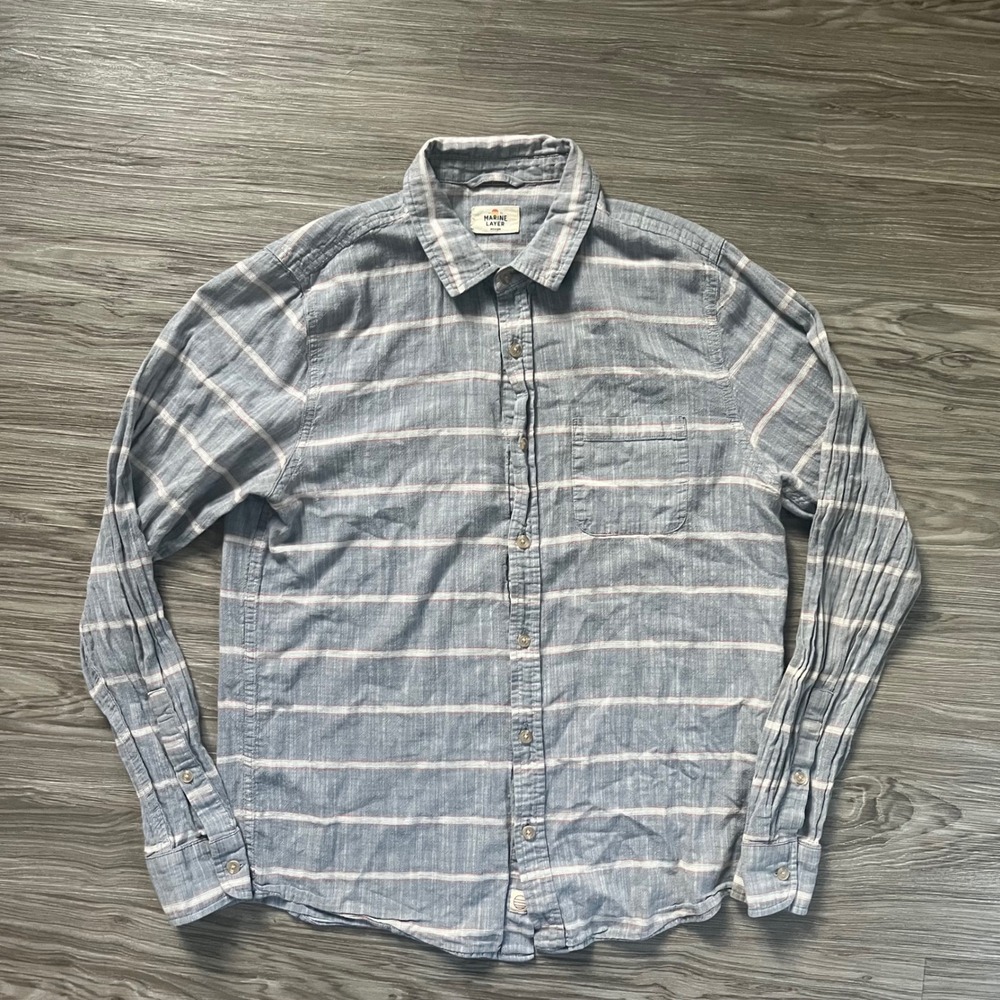 Marine Layer Mens Blue White Striped Cotton Long Sleeve Button Down Shirt Med